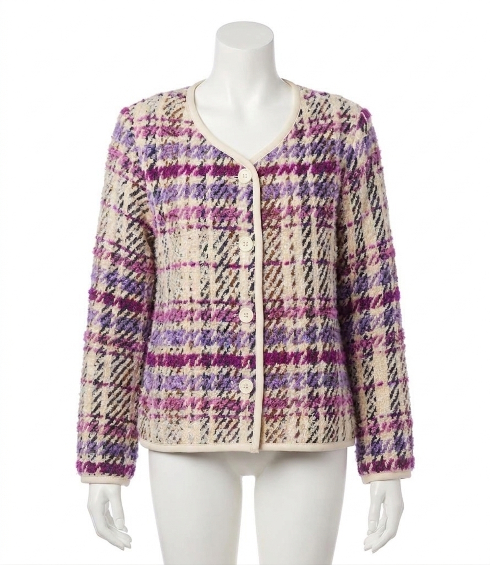 NEW KAREN KANE payson plaid boucle jacket in purple, berry, black and cream